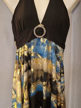 Black Halter Maxi Dress with Blue and Gold Abstract Skirt